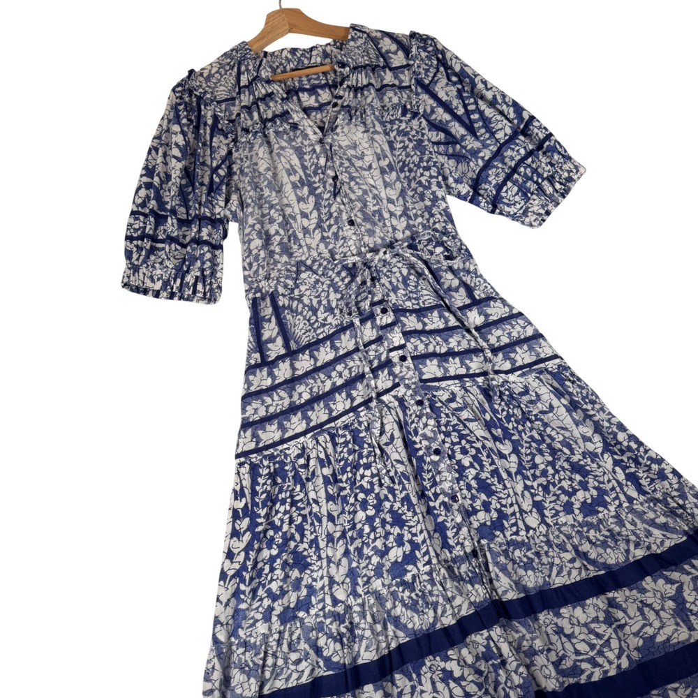 Lola Australia Blue White Floral Cotton Tiered Midi Dress Womens Small Boho Puff